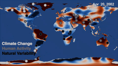 GRACE NASA: This map depicts a time series of data collected by NASA's Gravity Recovery and Climate Experiment (GRACE) mission from 2002 to 2016, showing where freshwater storage was higher (blue) or lower (red) than the average for the 14-year study period. Credits: NASA